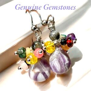 Silver and Multicolor Gemstone Earrings